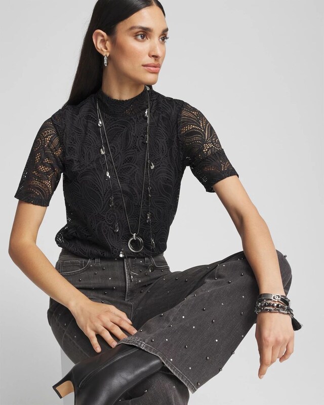 Lace Mock-Neck Short Sleeve Tee - image 2
